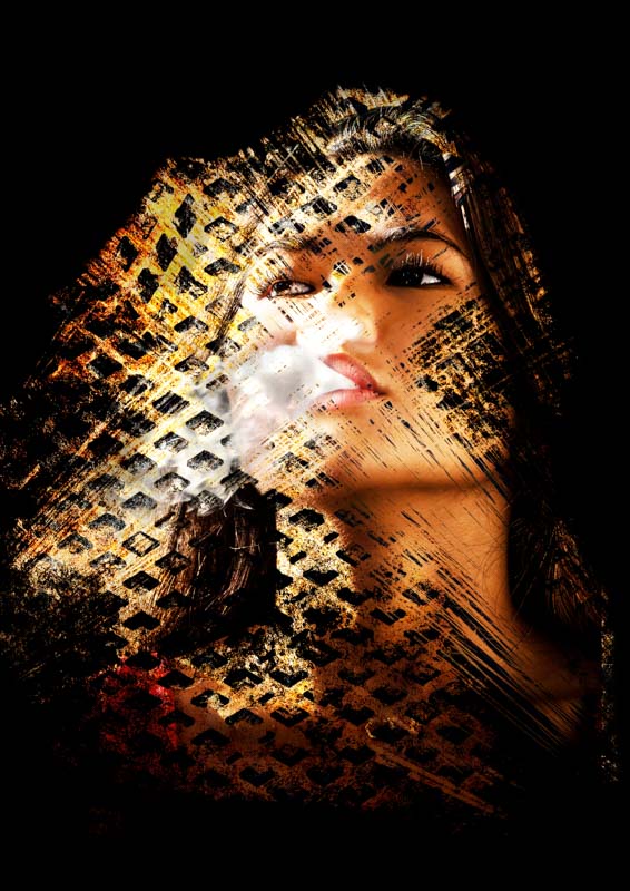 Femme asiatique fumant texture grillagée - Portrait d'identité et d'art par Luxark